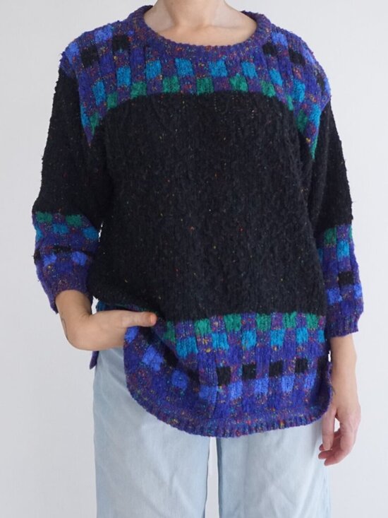 Sweaters - Vintage Black Knit Check Boucle Speckled Pocket Tunic Retro Shapes Sweater M